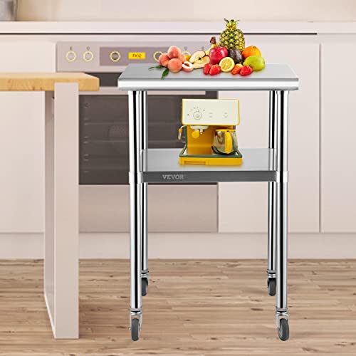 Image of VEVOR Stainless Steel Prep Table, 24 x 24 x 33.5 Inch, 600lbs Load Capacity Heavy Duty Metal Worktable with Adjustable Undershelf & Universal Wheels, Commercial Workstation for Kitchen Garage Backyard