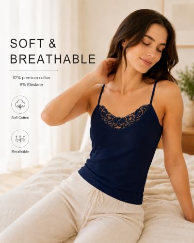 Image of Womens Tank Top Camisoles with Premium Cotton Italian Design - Trimmed with Flower Lace on Neckline