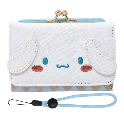 1PCS Cute Cartoon Wallet PU Leather Tri-fold Wallet Adorable Coin Cash Cards Pouch Purse with Kiss Lock Clasp for Women, White