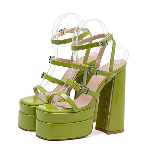 Talones altos gruesos para fiestas, sandalias Roma, zapatos de tirantes para mujer, vestido de creador con punta redonda, zapatos de talones de satén, verde, 40 EU Cover
