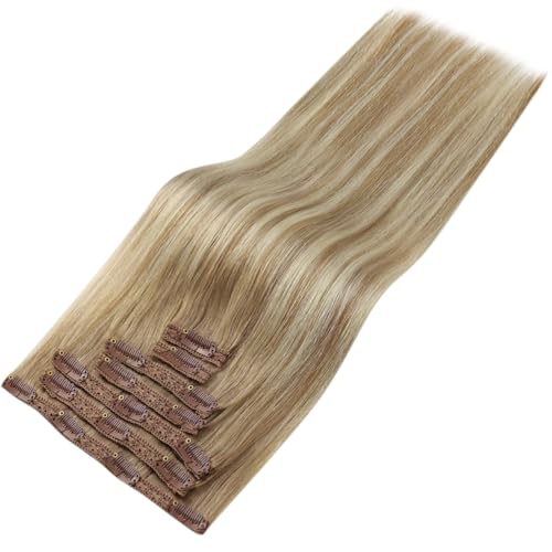 Image of YoungSee Clip in Human Hair Extensions Blonde Balayage Human Hair Clip in Extensions Golden Brown Mix Platinum Blonde Clips in Hair Extensions Real Human Hair for Woman 18inch 120g