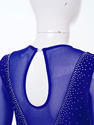 Yuumin Girls Long Sleeves Figure Ice Skating Dress Kids Leotard Roller Skating Rhinestones Sheer Mesh Ballet Dance Dress Royal Blue 12 Years #TOP5
