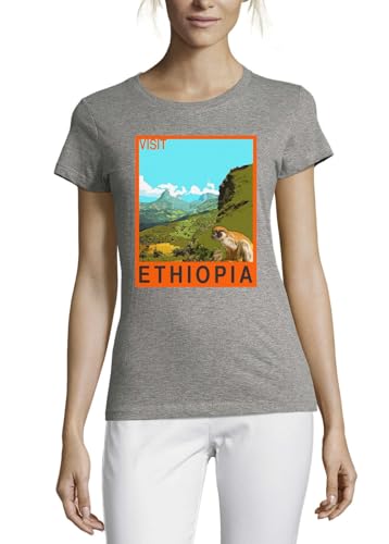 T-shirt voyage Éthiopie coton col rond top rétro gris femme