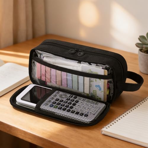 Image of EASTHILL Large Capacity Pencil Case Cute Pencil Pouch with Handle Stationery Pen Bag for Teen Girls-Black