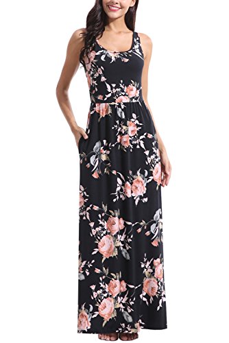 Zattcas Women Floral Tank Maxi Dress Pocket Sleeveless Casual Summer Long Dress,Black,Medium