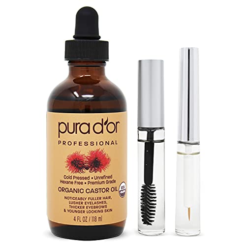 PURA D’OR Organic Castor Oil (4oz) 100% Pure Natural USDA Organic: Conceal Thin, Reveal Fuller Eyebrows, Thicker Eyelashes, Hair Growth: Cold Pressed Hexane Free-Moisturize Dry Skin w/Bonus Brush Kit