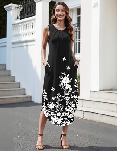 Image of Zeagoo Women Floral Summer Casual Beach Printed Tank Dress with Pockets Pleated Front Long Dress