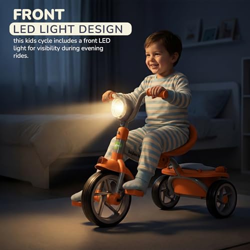 Image of GoodLuck Baybee Flyer Foldable Baby Tricycle for Kids | Kid Cycle with LED Light, Music & Storage Baskets | Baby Tricycle with Adjustable Seat & Handle | Cycle for Kids 2 to 5 Years (Orange)