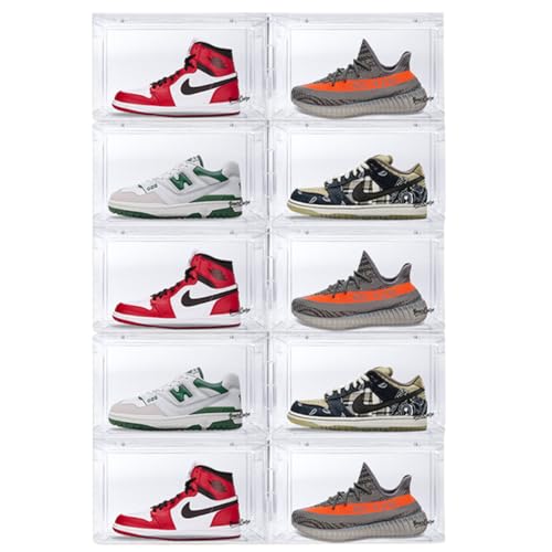 Image of Sneaker Box Transparent Pack of 10 |Front-Opening Heavy-Duty |Stackable Shoe Storage Organizer Crate with Magnetic Closure |Clear Sneaker Display and Dust-Proof Container | For Men and Women
