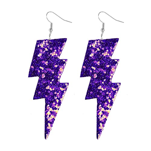 Exaggerated Lightweight Faux Leather Lightning Earrings with Shiny Glitter Sequins Flash Bolt Spot Drop Dangle Earrings Handmade 80s Christmas Jewelry