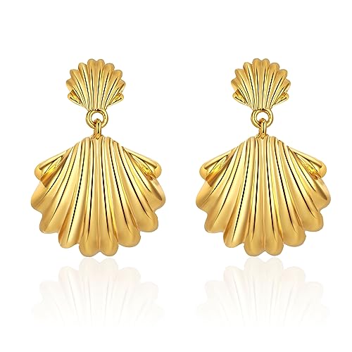 WOWORAMA Pendientes de oro para mujer, aretes de concha marina de sirena de oro, estilo bohemio, con concha de mar, concha de caracola, aretes de playa, Latón, Sin piedra preciosa