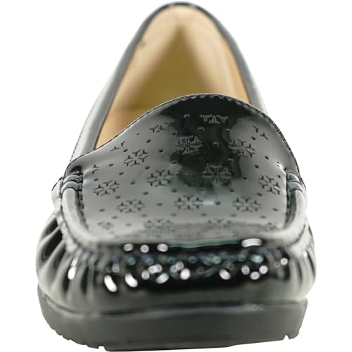 Image of KOZI Women Comfort Casual Wedge Shoe Slip-On Loafer ML Collection Round Toe Penny Loafer Removable Insole Black Champagne
