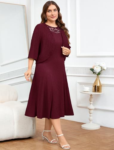 Image of ZOMVA Plus Size Mother of The Bride Groom Dresses for Curvy Women 2 Piece Wedding Guest Dress with Jacket Tea Length