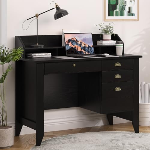 4 EVER WINNER Black Desk with Drawers, Office Desk with File Drawer and Monitor Stand, Computer Desk...