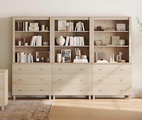 Image of WAMPAT 71 inch Tall Bookcase with 9 Drawers & Open Shelves, 3 Column Modern 3-Tier Bookshelf with Adjustable Shelf, 106 inch Wide Wooden Display Book Shelf for Home Office, Living Room, Bedroom, Light Oak