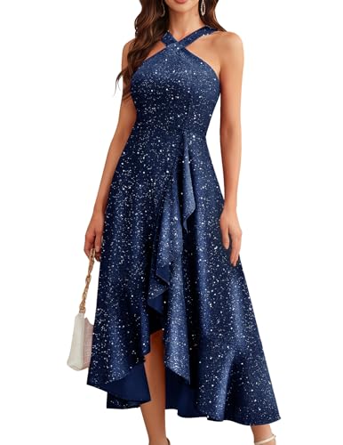 Women Halter Sequin Prom Cocktail Wedding Guest Dress Dark Blue S
