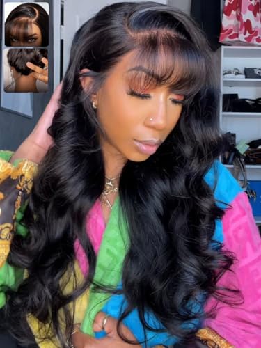Image of KLAIYI Bye Bye Slip Loose Body Wave Precut 7x5 HD Lace Front Wigs Human Hair 180% Density Drawstring Pre Plucked Bleached Knots 3S Ready to Wear and Go Wig with Curtain Bangs Beginner Friendly 18Inch