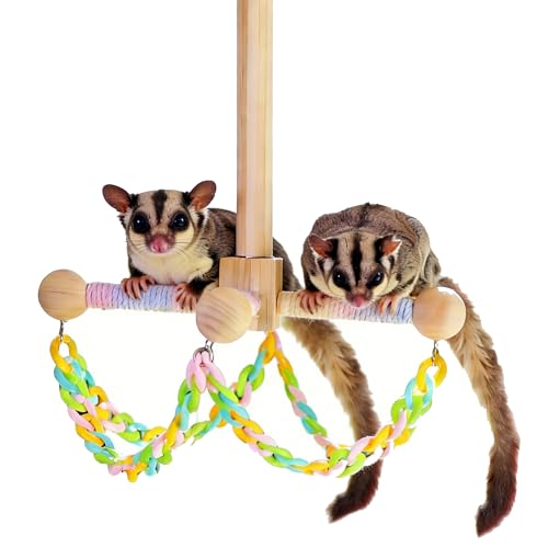 Sugar Glider Climbing Toys Natural Wood with Colorful Chains Hanging Swing Toys Sugar Glider Cage Accessories Rat Enrichment Toys for Small Animals and Birds (Swing Style)