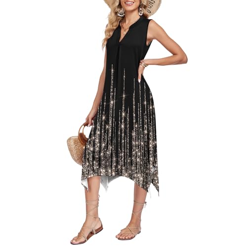 Image of AUSELILY Womens Summer Midi Dress V Neck Sleeveless Casual with Pockets | Flowy womens summer dress with asymmetrical hem, great for beach, vacation and daily wear