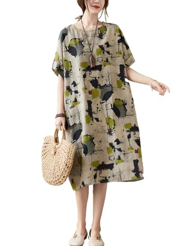 Image of LUZU JUNU Women's Summer Baggy Plus Size Loose Cotton Linen Long Boho Beach Dress with Pockets