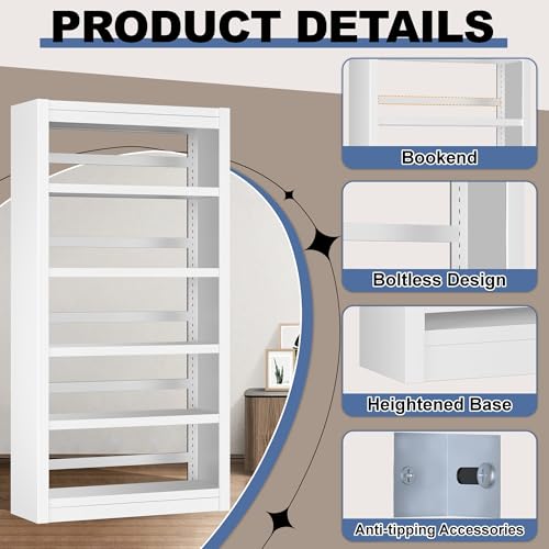 Image of 69 inch Metal Bookshelf and Bookcase | 5-Tier Adjustable Shelves, Deep Modern Storage Shelf for Living Room, Office, Bedroom, White