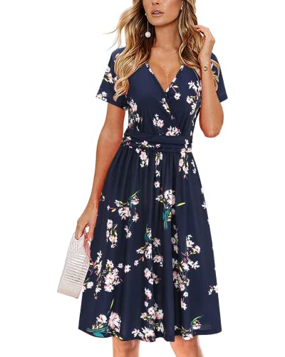 OUGES Damen Sommerkleid Kurzarm V-Ausschnitt Knielang Blumenmuster Midi Kleid mit Taschen（Florals, XL）