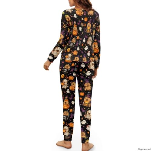 Image of Women's 2 Piece Printed Pajama Set Long Sleeve Sleepwear Set with Long Pants Casual Lounge Sets with Pocket
