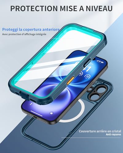 Coque iPhone 16 étanche antichoc MagSafe et étui imperméable bleu - 5