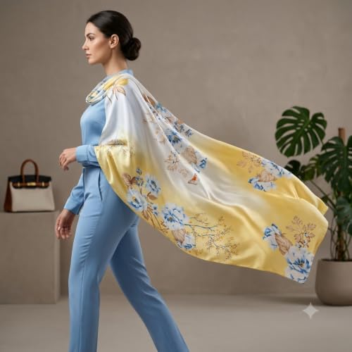 Image of Floral Printed Silk stole | silk Scarf for Women | stylish silk stole for women | Soft Lightweight Stole, Shawl & Neck Wrap | Scarf for Wedding, Party, Travel & Casual Wear