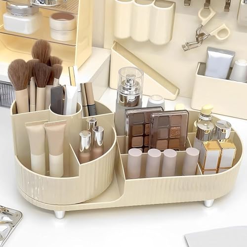Image of COOFANDY New Rotating Makeup Organizer for Vanity with Brush Holder, Large Capacity Cosmetic Display Case, Countertop Makeup Perfume Skincare Organizer, Spinning Lotions Display Case (OFF-WHITE)