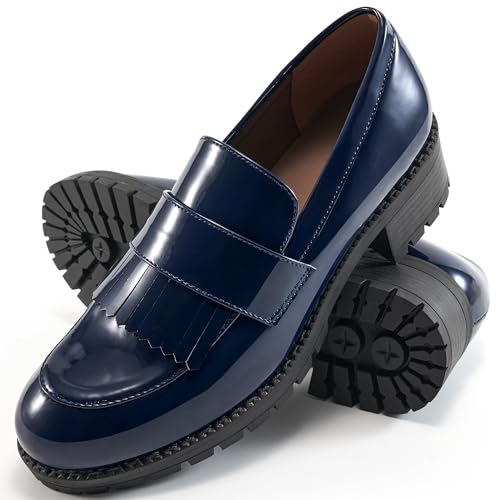 Ecetana Womens Loafers Platform Chunky Penny Lug Sole Comfort Slip on Casual Fashion Business Work Shoes Dark Blue