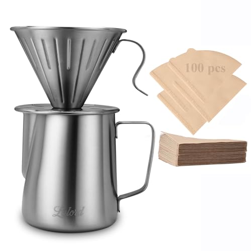 Lalord Pour Over Kaffeebereiter-Set, 304 Edelstahl, mit 100 Stück #2 Papierfilter und 600 ml Milchaufschäumkrug, für Zuhause und Camping