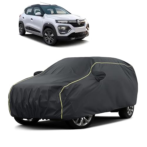 Image of Sulfar 100% Water Resistant Car Body Cover Compatible with Mirror for Renault Kwid (Triple Stitched, Full Bottom Elastic, Dark Grey Taffeta with Yellow Piping)