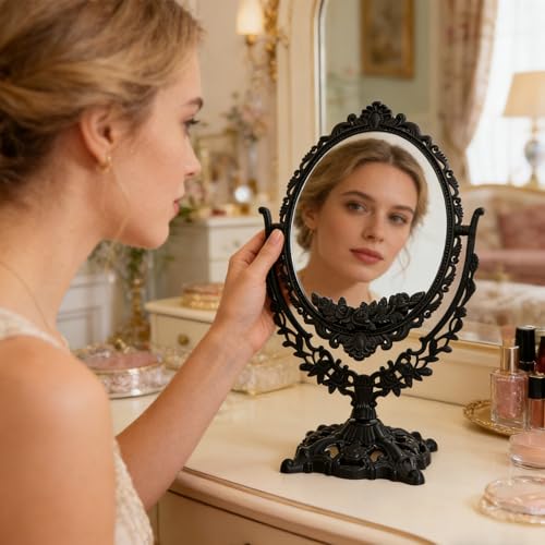 Espejo de maquillaje de estilo retro europeo con doble cara para dormitorio 7