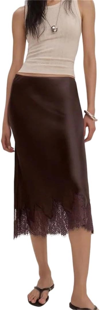 Women Elegant Midi Skirt High Waist Lace Satin Trumpet Silhouette Slim Fit Lace Patchwork Casual Daily Wear Skirt
