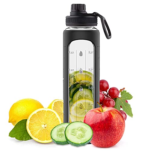 32 Oz Glass Water Bottle With Time Marker And Black Silicone Sleeve - Extra Lid, Motivational Bottles, Reusable, Wide Mouth, Leakproof, 1 Liter Drinking Bottle, Bpa Free #TOP1