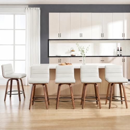 Image of Swivel Bar Stools Set of 5,26 inch Faux Leather Counter Height Barstools with Back,Mid Century Modern Upholstered Bar Chairs with Bentwood Legs Island Stools for Kitchen Counter White