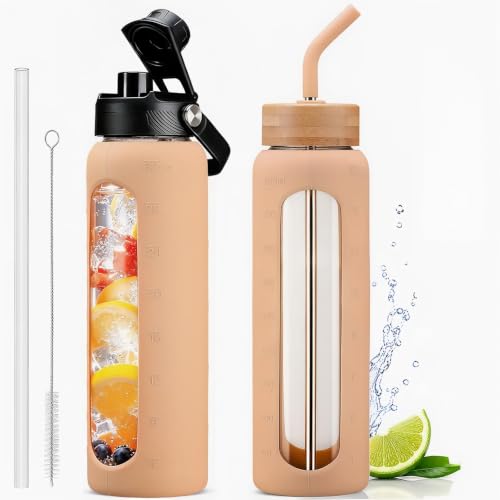 Image of 32oz Glass Water Bottle with Straw and 2 Lids, Amber