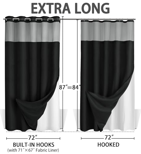 No Hook Shower Curtain with Liner Set Hotel Waffle Curtain Black 72W X 87L by XOGUIBO - Used condition - Image 7
