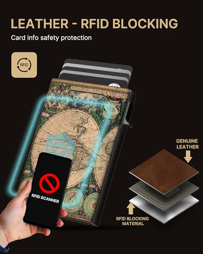 Image of typecase Mens Wallet Card Holder: Pop Up Aluminum Case, Carbon Fiber Leather, Smart, RFID Blocking, Slim, Minimalist, Front Pocket - 9-14 Card Capacity | ID Window | Cash Slot (Map)