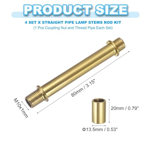 Image of PATIKIL Straight Pipe Lamp Stems Rod Kit, 4 Set M10 Carbon Steel 80mm(3.15 inch) Long Double End Thread Rod with Coupling Nuts Sleeve Connector for Table Lamps Chandeliers,Copper