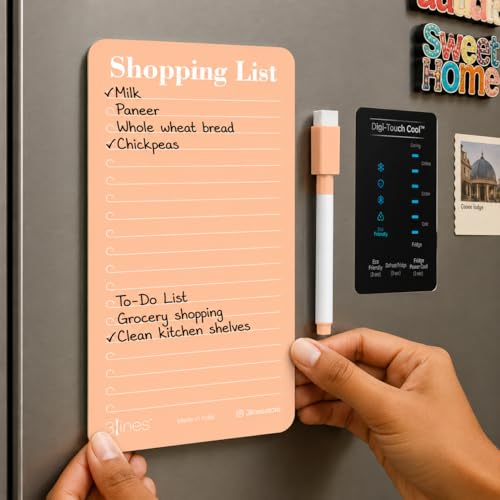 Image of 3 Lines Shopping List Fridge Magnet with Marker|Smart Planning & Shopping for Family, Working Professionals|to Do List| Acrylic Magnetic Notepad for Kitchen Organisation|12x24 cms|Peach Color|Large