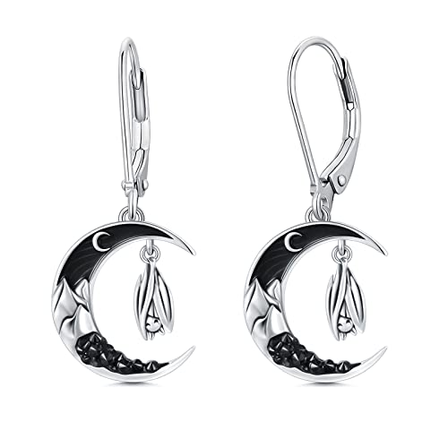 Sterling Silver Halloween Earrings Leverback Dangle Earrings Bat/Cat/Pumpkin/Ghost/Spider/Skull/Sun Moon/Wolf Earrings Gothic Jewelry Gift for Women Girl Mom Daughter