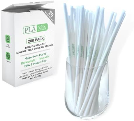 PLA Stix Compostable Drinking Straws - 200 [+20] White Disposable Straws: Bendy + Straight, 7 Inch Non-Plastic Reusable Straws made from Plants