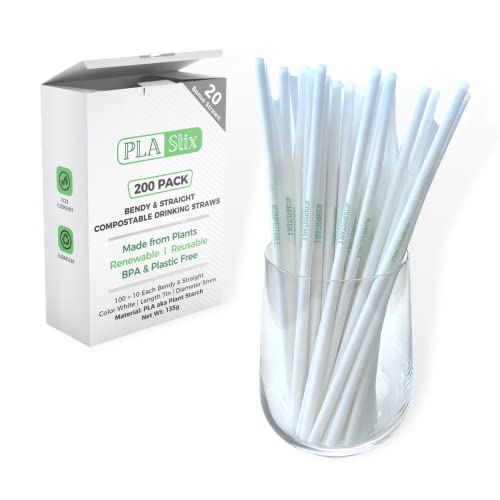 Pla Stix Compostable Drinking Straws - 200 [+20] White Disposable Straws: Bendy + Straight, 7 Inch Non-Plastic Reusable Straws Made From Plants #TOP1
