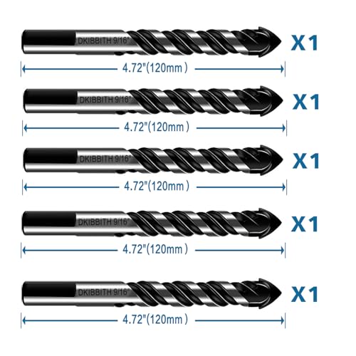 5-Piece 9/16“ Masonry Drill Bits for Tile Glass Ceramic Wall Brick Stone Soft-Metal Wood,9/16 Inch Concrete Drill Bits Cement Drill Bit Set, 3-Flat Shank, YG8 Carbide Tungsten Steel Alloy Tip 14mm