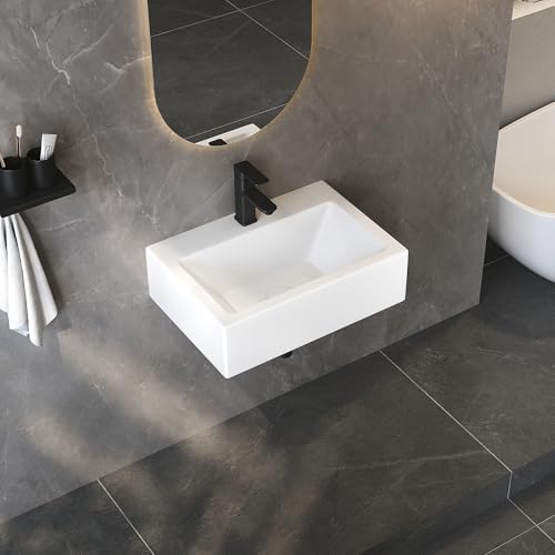 Eridanus Wandwaschbecken mit Überlauf, rechteckiges Waschbecken aus Glasporzellan in Weiß Glanz, kompaktes Keramikwaschbecken für Garderobe, Waschtisch, 430 x 310 x 130 mm