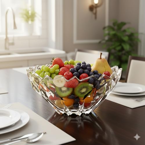 Image of Decorative Crystal Glass Fruit Bowl 12 Inch Set of 1, Elegant Diamond Cut Design Serving Centerpiece for Dining Table, Kitchen Counter, or Living Room