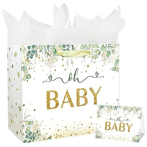 13" Large Baby Boy Girl Gift Bag for Baby Shower or Birthday with Handle, Tissue Paper and Greeting Card (Sage Green Design) Cover