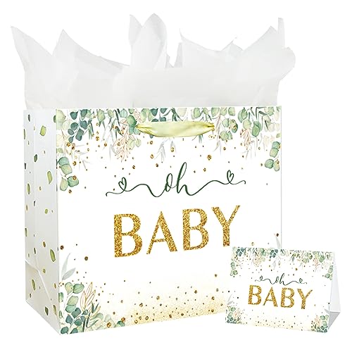 Laidans 13 Large Baby Boy Girl Gift Bag for Baby Shower or Birthday with Handle Tissue Paper and Greeting Card (13 Green)